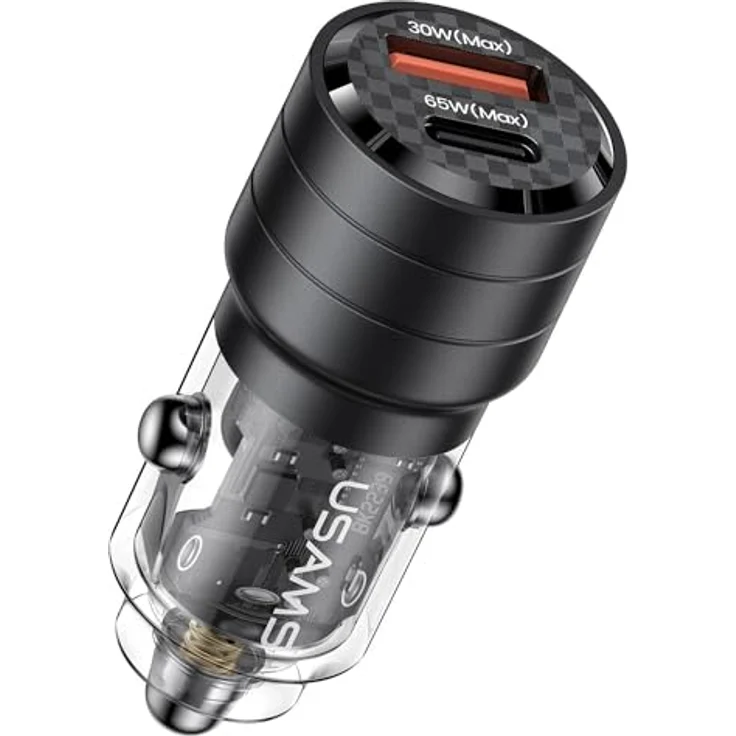 Usams Autoladegerät Mini US-CC176 Dualer USB-Anschluss und Typ-C, Schnellladung, 95 W, Transparent / Schwarz – Bild 1