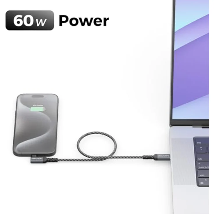 deleyCON 0,5m USB-C Kabel gewinkelt 90° (60W Schnellladekabel) mit PD 3.0 für iPhone 17/16/15, Galaxy A16/A56/S25/S24/S23, Pixel, iPad, MacBook, robustes Nylon mit Knickschutz – Bild 5