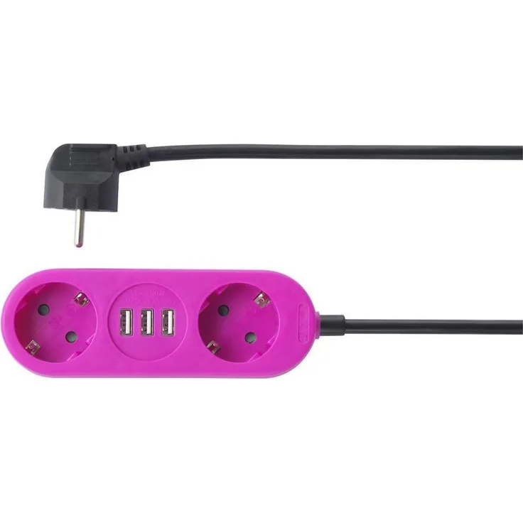 cemon 2-fach-Steckdosenleiste mit 3x USB-A, rosa, mit USB-Ladeausgang
