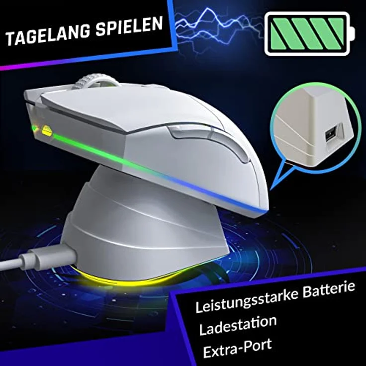 KLIM Blaze Pro - Gaming-Maus, kabellos, RGB wiederaufladbar, mit Ladestation, Weiß – Bild 4