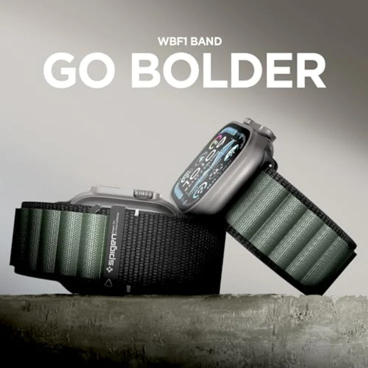 Spigen Basis-Stoffarmband mit Hakenverschluss für Apple Watch Ultra 2/1 49mm, Serie 11/10 46mm, 9/8/7 45mm, SE2/SE/6/5/4 44mm – Komfortables und modernes Design in Schwarz Grün – Bild 3