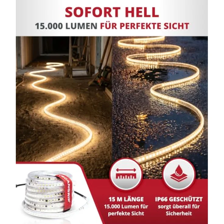 Scangrip® Rope Light, LED Lichtschlauch für Baustellen, 15m, 15000 Lumen, IP66, EMV-zertifiziert, TÜV geprüft, direkt anschließbar – Bild 2