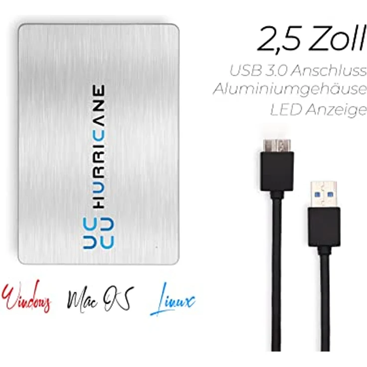 HURRICANE MD25U3 Externe Festplatte 640GB 2,5" USB 3.0 Mobile Speicherplatte für Fotos TV Laptop PS4 PS5 Xbox kompatibel mit Windows Mac Linux - Silber – Bild 3