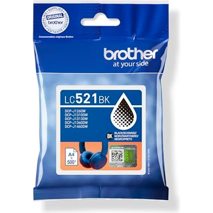 Brother LC-521BK, schwarze Tintenpatrone für Tintenstrahldrucker, Reichweite bis 500 Seiten, kompatibel mit DCP-J1260W und J1310DW – Bild 1