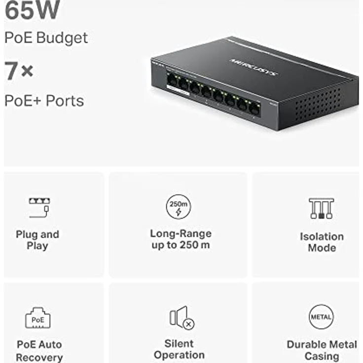 MERCUSYS MS108GP PoE Switch 8-Port Gigabit LAN Switch mit 7 PoE+ Ports, 802.3af/at PoE, lüfterlos, Robustes Metallgehäuse – Bild 4