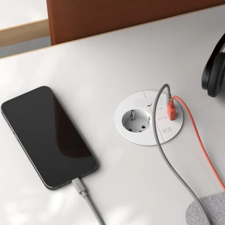BACHMANN Einbausteckdose Loop IN Charge 1x Steckdose 1x USB A/C 22W mit Kabeldurchführung 2m Zuleitung für Büro, Besprechungsraum und Wohnraum in Weiß – Bild 4