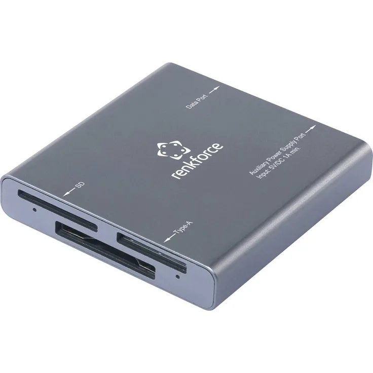 Renkforce RF-CR-700, Externer Speicherkartenleser USB-C® (USB 3.2 Gen 2) für CFexpress Typ B, CFexpress Typ A und SD UHS-II, Grau, kompaktes Aluminium-Gehäuse