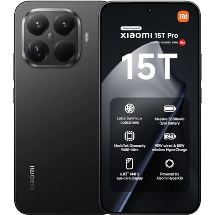 XIAOMI 15T Pro, Smartphone 12+512GB, 6,83" 144Hz Display, MediaTek Dimensity 9400+, 50MP Leica 5X Pro Teleobjektiv, 5500mAh, Schwarz, 2 Jahre Garantie