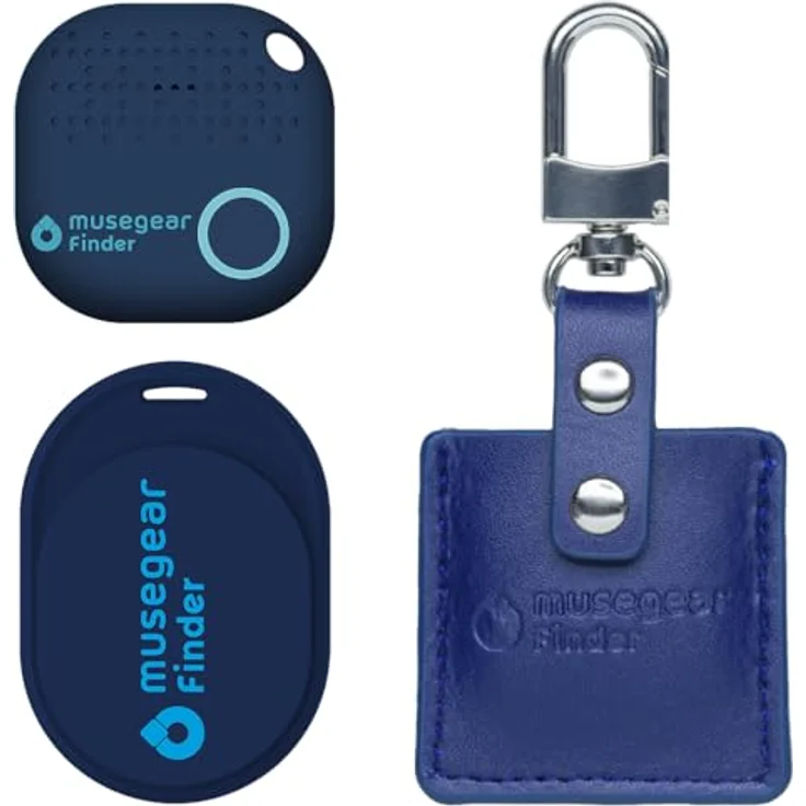 musegear Essentials: Schlüsselfinder mit Bluetooth App, Special Bundle: Finder 2 dunkelblau, Finder Mini dunkelblau, Ledertasche Navy Blue, maximaler Datenschutz, 12 Monate Batterielaufzeit – Bild 1