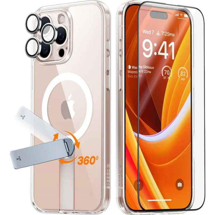 Torras Pstand Spin 3 in 1, Smartphone Schutzfolie für Apple iPhone 16 Pro Max, transparent, kratzfest mit Kameraschutz und Ständer