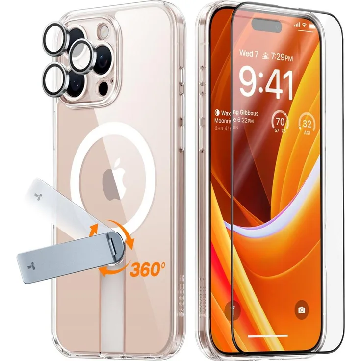 Torras Pstand Spin 3 in 1 für Apple iPhone 16 Pro, transparente Smartphone Hülle mit robustem Schutz und integriertem Ständer