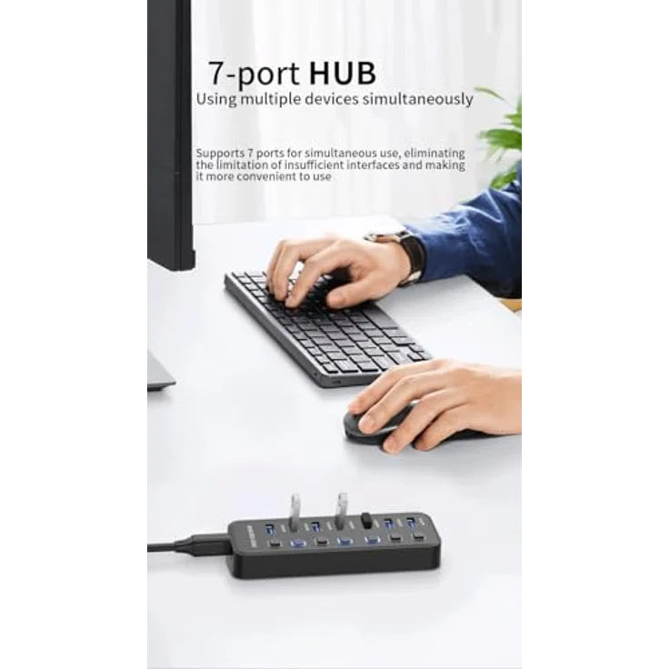 PremiumCord SuperSpeed USB Hub 7x USB Typ A, USB 3.2 Gen 1 5Gbps, Portswitch mit Hot-Plug und LED, schwarz, Kabellänge 1m – Bild 4