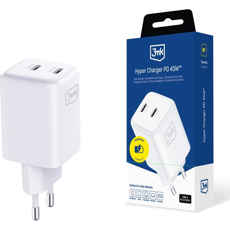 3mk Hyper Charger PD 45W, Kompakter Wandlader mit dualen USB-C-Anschlüssen, Weiß