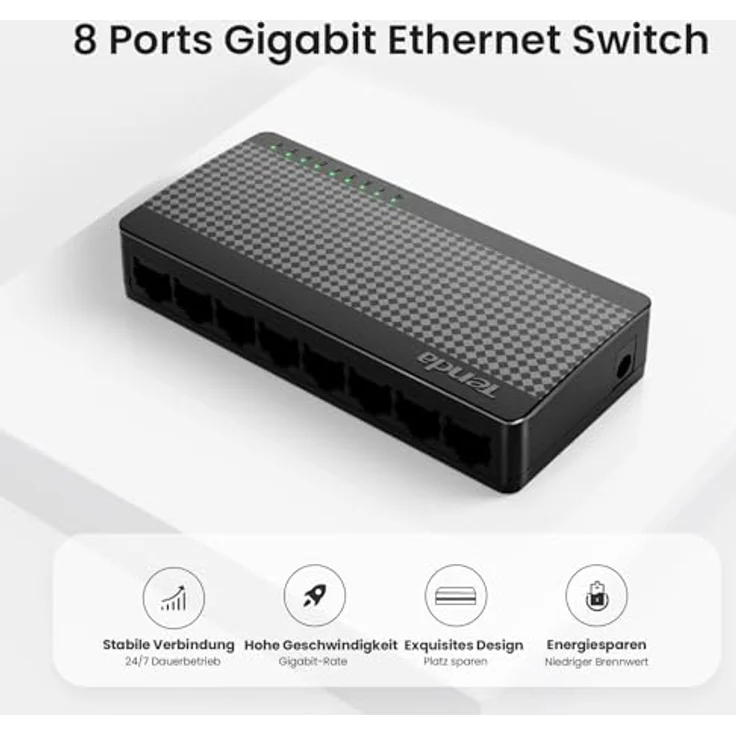 Tenda SG108 LAN Switch, 8 Port Gigabit Netzwerk Switch, Plug-and-Play, Lüfterlos, Unmanaged, Schwarz – Bild 2