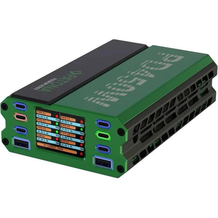 Patona PD 450W Multiport Ladegerät, 9 Ausgänge mit 6x USB-C und 2x USB-A, Aluminiumlegierung, Grün, Schwarz