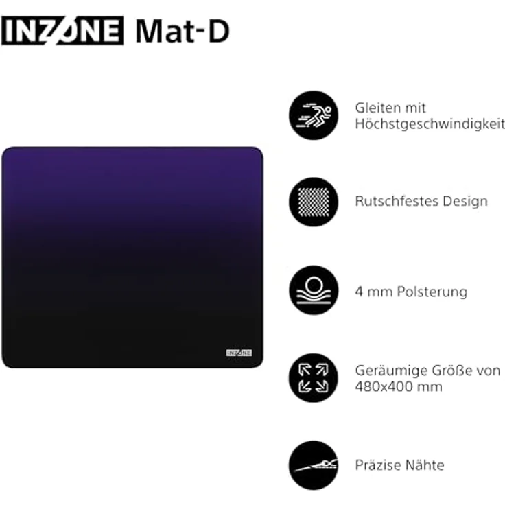 SONY INZONE Mat-D Gaming-Mauspad, 400 mm x 480 mm, rutschfeste Gummi-Unterseite, genähte Kanten, Schwarz – Bild 4
