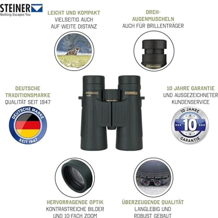 Steiner Jagd-Fernglas Observer 10x42 - Deutsche Marken-Qualität, 10 Jahre Garantie, leichtes Dachkantdesign, kompakt, robust, 10-Fach Zoom – Bild 2