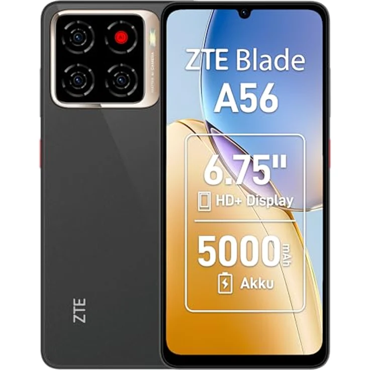 ZTE Blade A56, 4G Smartphone mit 4GB RAM, 64GB Speicher, 6,75 Zoll Display und Triple-Kamera, Celestial Black – Bild 1