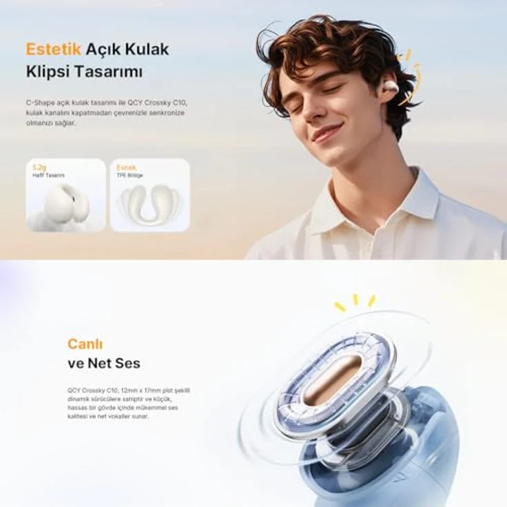 QCY Crossky C10, Kabellose Kopfhörer mit 30 Stunden Akkulaufzeit, Weiss, Clip-On-Design, Geräuschunterdrückung – Bild 3
