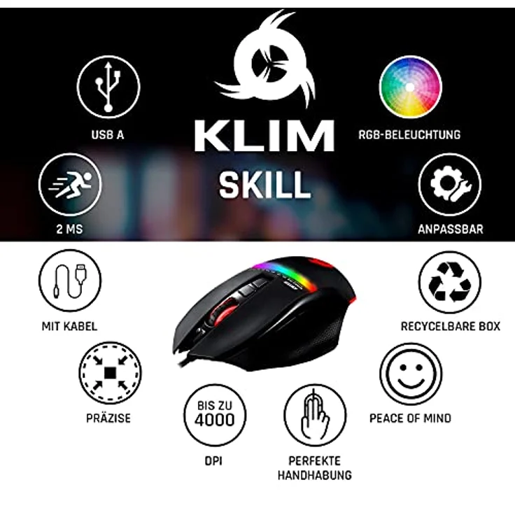 KLIM Skill Gaming Maus - High Precision PC Gaming Mouse USB - Neue 2023 - Wählbare DPI-Einstellung - Programmierbare Tasten - Exzellenter Griff - PC PS5 – Bild 2