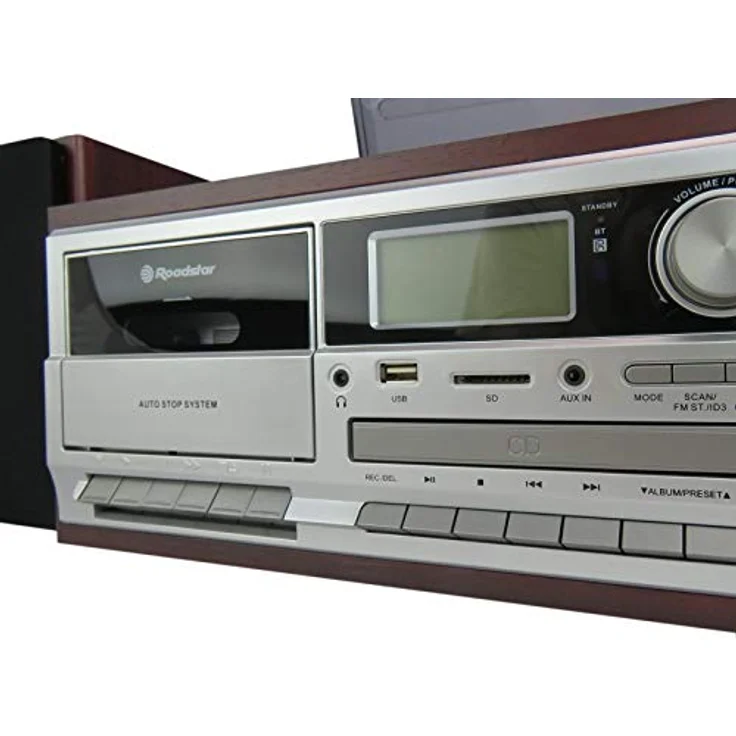Roadstar HIF-8892EBT Mini-Hi-Fi-Musikanlage Plattenspieler 33/45/78 U/min, PLL FM Digitalradio, CD-MP3-Player, Kassette, Bluetooth, USB, Aufnahmefunktion, SD-Karte, Fernbedienung, Holz – Bild 3