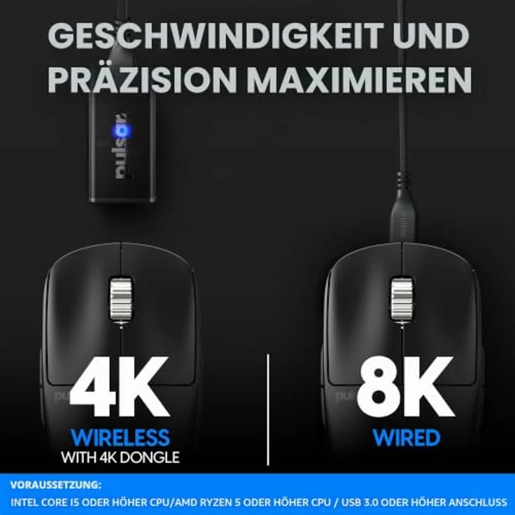 Pulsar Gaming Gears X2A ES kabellose Gaming-Maus, beidhändig, optischer Schalter, OLED-Display, PAW3395-Sensor, 100-Stunden-Akku, 4K-Dongle, schwarz, medium – Bild 3