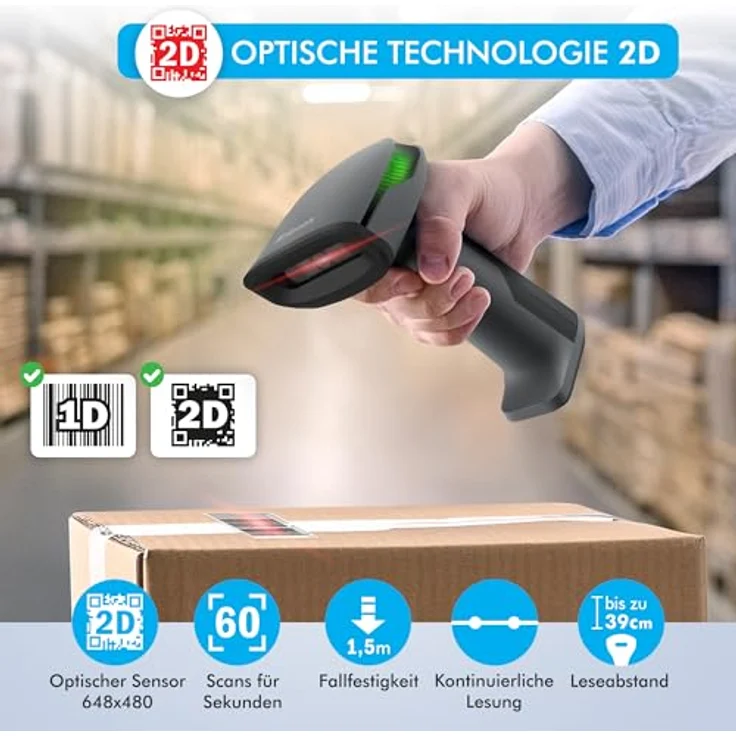 Atlantis A08-LD230P-2D-W Barcode-Scanner, Wireless 1D/2D, 60 fps, 640x480, liest Barcodes von Displays, 2600mAh Akku, IP54, USB-Anschluss – Bild 2
