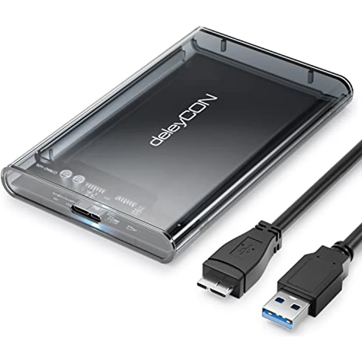 deleyCON SSD Festplattengehäuse USB 3.1 Gen. 1 für 2,5“ Zoll SATA 3 SSD / HDD, UASP, Transparent-Grau – Bild 1