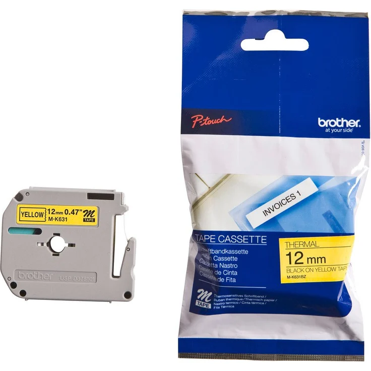 Brother Schriftband M-K631, Schwarz auf Gelb, nicht laminiertes Schriftband, 1,2 cm x 8 m für P-Touch Drucker
