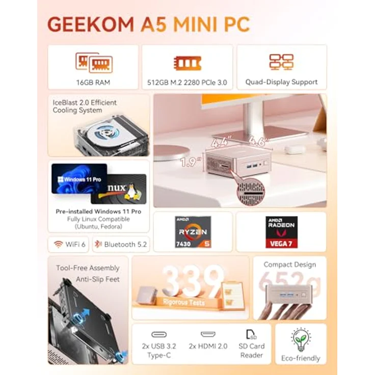 GEEKOM A5 Mini-PC - R5-7430U 16GB RAM+512GB SSD – Bild 2