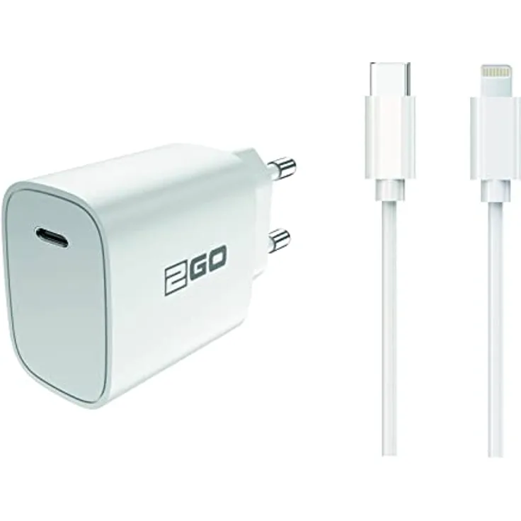2GO Netz-Ladeset 100V-240V (2-teilig) Power Delivery 1 x USB Type-C - inkl. Type-C auf Lightning Kabel - Ausgangsleistung 3000mA / 20W – kompatibel mit Allen aktuellen Smartphones - weiß