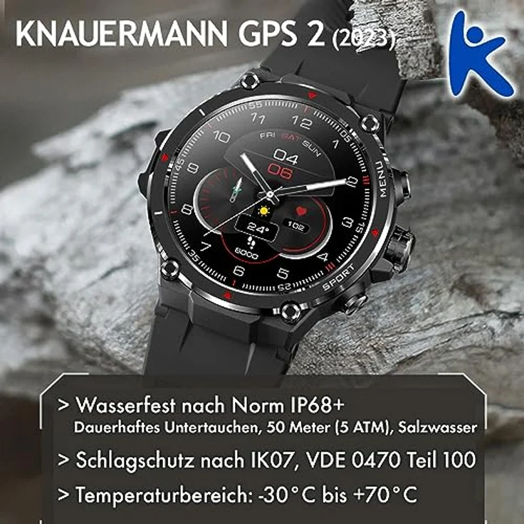 Knauermann GPS 2 (2023) Schwarz- Sportuhr Smartwatch - AMOLED-Display - Puls, Blutsauerstoff, GPS/Galileo-Empfang - BT Bluetooth - Silikonband Schwarz, 14-26 – Bild 3