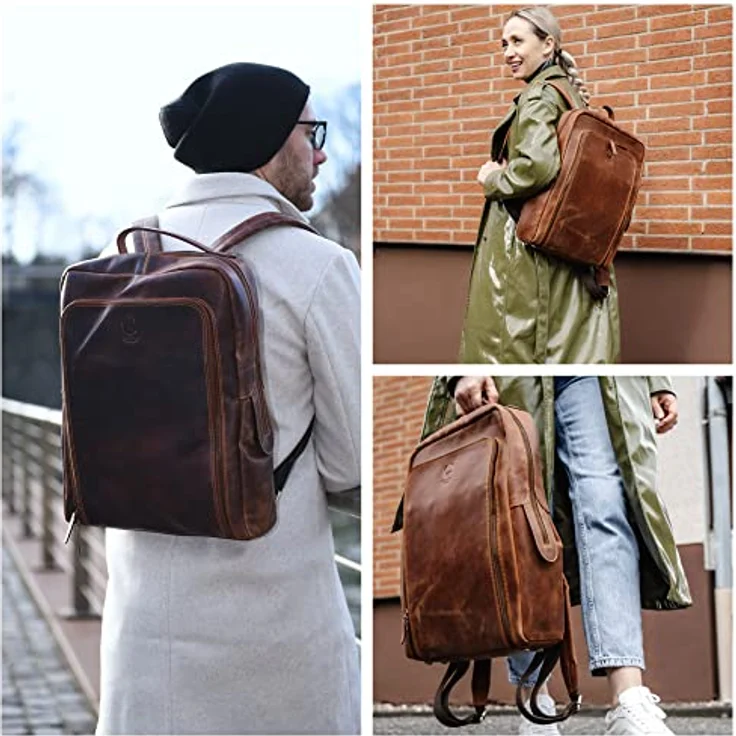 Corno d´Oro Premium Rucksack Herren Leder Groß I Handgefertigter Damen Laptoprucksack 17 Zoll Laptop I XL Kurierrucksack Vintage Backpack Braun – Bild 2