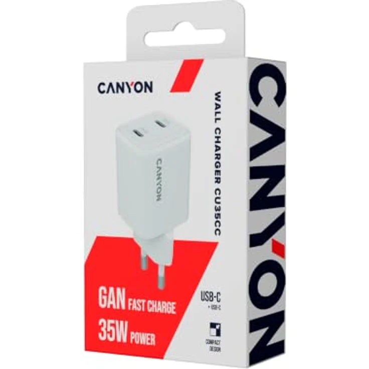 CANYON CU35CC, GaN 35W Dual USB-C Wandladegerät, Power Delivery PPS, 2-port EU Adapter, kompakter Reiseadapter, Weiß – Bild 5