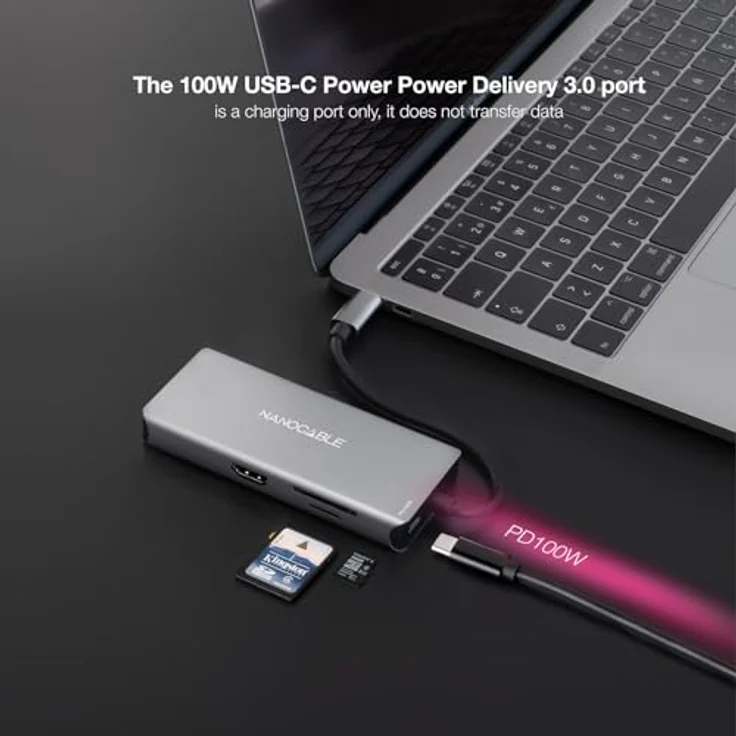 NANOCABLE 10.16.1009 – 9-in-1-Konverter-Hub, USB-C 3.2 GEN1, 3x USB-A, 2x HDMI, RJ45, TF/SD-Slot, USB-C PD 100 W, Aluminium, 15 cm, Grau – Bild 4