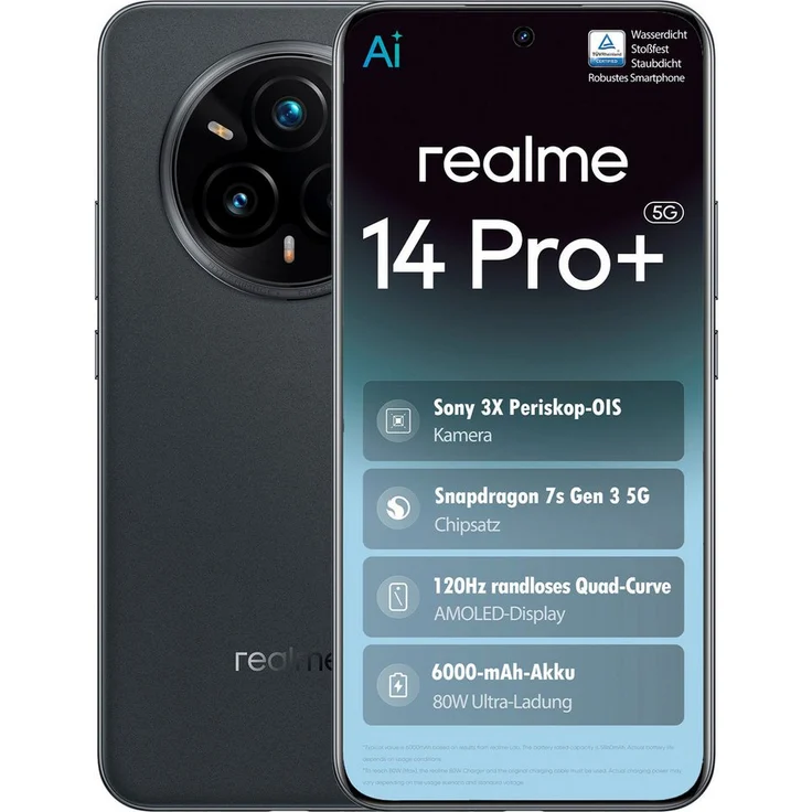 Realme 14 Pro+ 5G 512GB 12GB Smartphone (17,35 cm/6,83 Zoll, 512 GB Speicherplatz, 50 MP Kamera) in Schwarz – Bild 1
