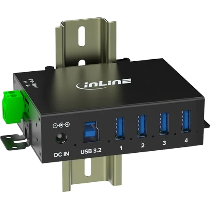 InLine USB 3.2 Gen.1 Industrie-Hub 4 Ports, Aluminiumgehäuse, DIN-Schienen-Montage, aktiver Hub mit Netzteil, 5Gb/s, Modell 35396A – Bild 2
