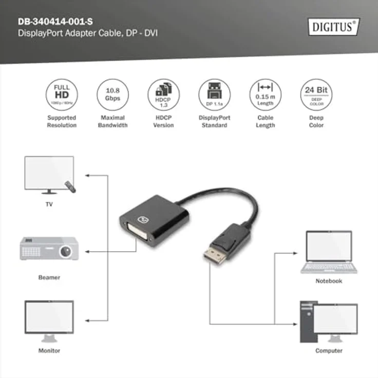 Digitus Aktiver DisplayPort Adapter - Konverter, DP auf DVI – Bild 4