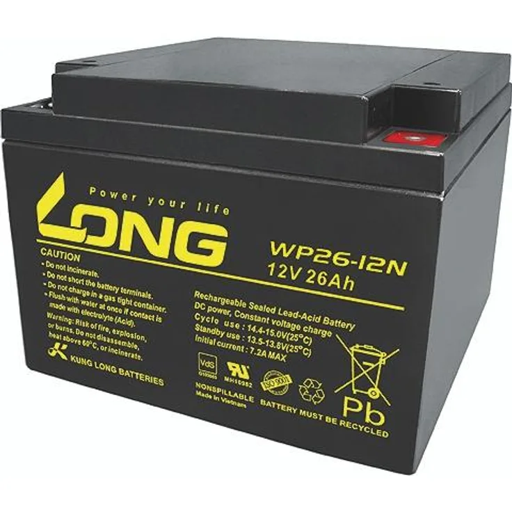 KUNG LONG Blei-Akkumulator WP26-12N-M, 12 V-, 26 Ah, wartungsfrei, hohe Lebensdauer, robustes ABS-Gehäuse