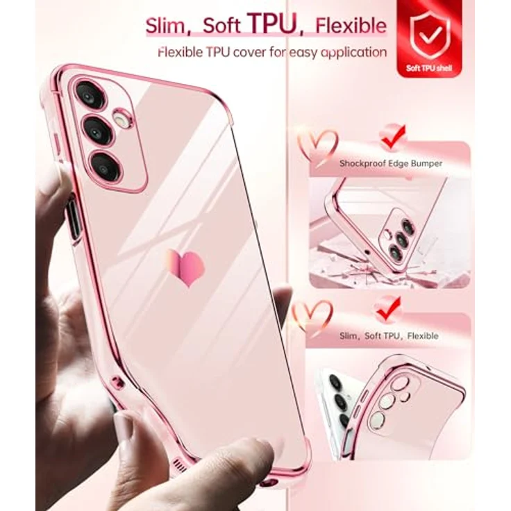 LeYi Hülle für Samsung Galaxy A25 5G, TPU Silikon Galvanik, Cute Herz Muster Rosa, mit 2 Schutzfolien, stoßfest und kratzfest – Bild 3