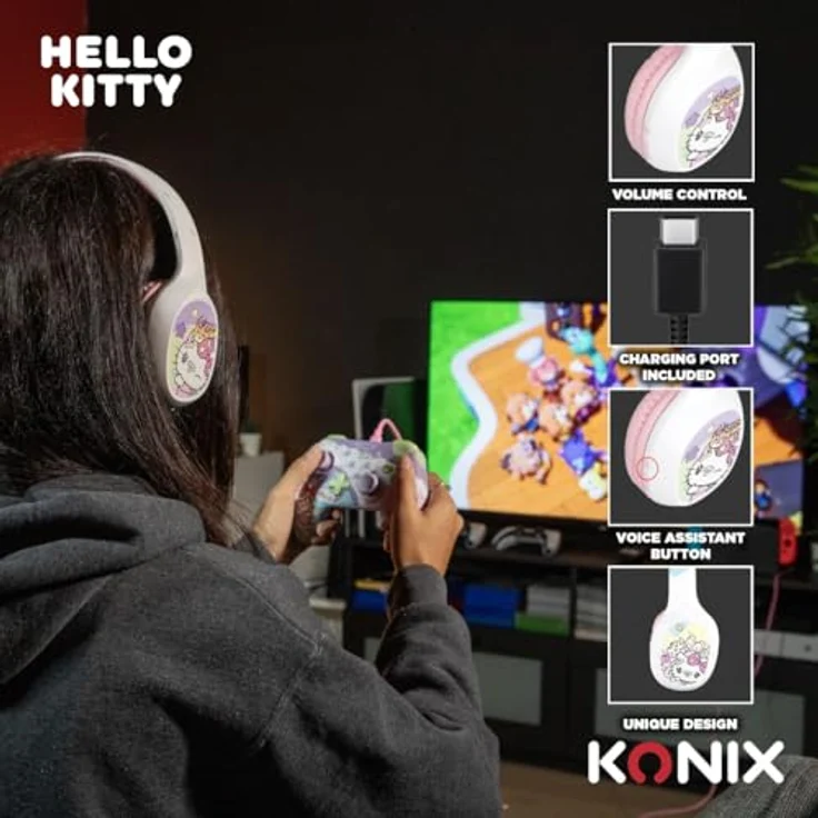 Konix Hello Kitty Kopfhörer, Verkabelt & Kabellos, Bluetooth 5.3, Anrufe/Musik, Weiß/Pink – Bild 3
