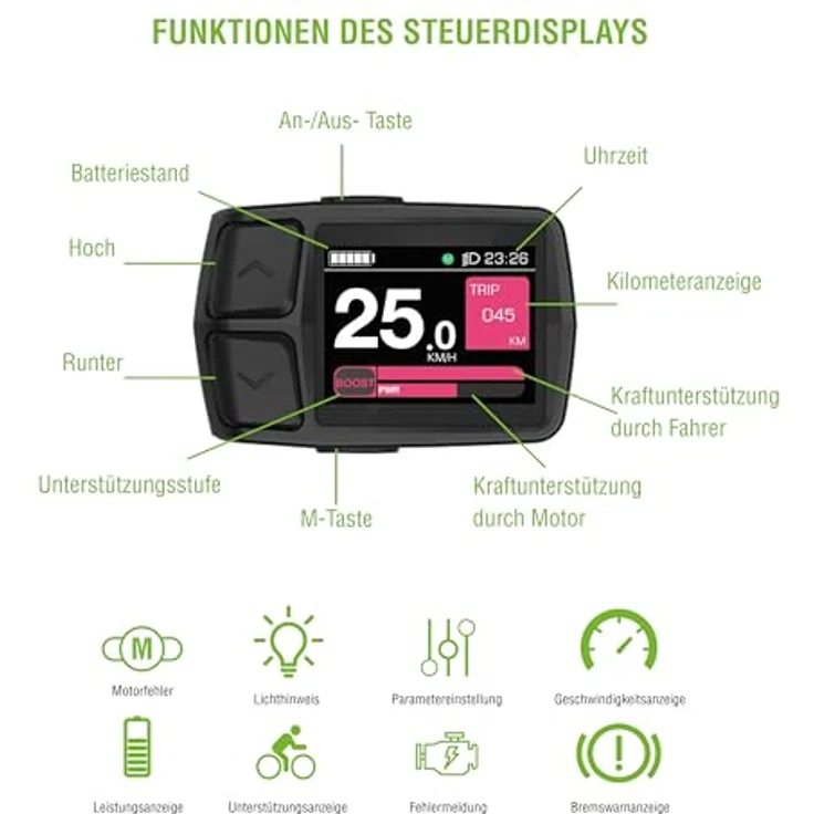 SachsenRAD E-Bike LCD Display Meter Fahrradcomputer, 2,0” IPS Hochhelligkeits-Hochauflösungsdisplay für 24V, 36V, 48V Elektrofahrräder, wasserdichter Stecker, 22,2 mm Lenker, schwarz – Bild 2