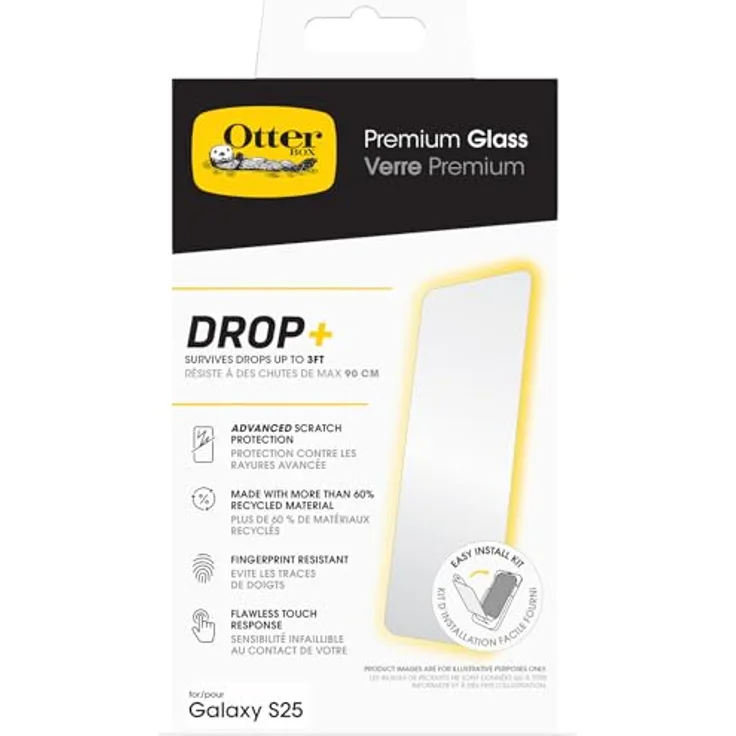 OtterBox Premium Glass Displayschutz für Samsung Galaxy S25 / S24, gehärtetes Glas, kratzfest, bruchsicher bis 0,9m, umweltfreundlich ohne Einzelhandelsverpackung