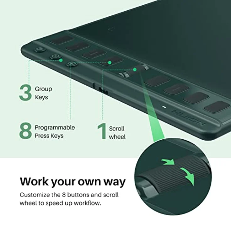 HUION Grafiktablett Inspiroy 2 M, 5080 LPI, Grüner Silikongriff, Batterielos, USB-C – Bild 3