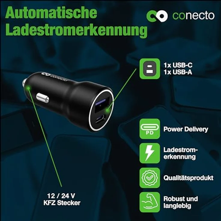 SatChef conecto USB-C KFZ Ladegerät, 12 V, 2 Port, 20W USB-C PD & 18W USB-A, GaN Schnellladegerät, automatische Ladestromerkennung, schwarz – Bild 6