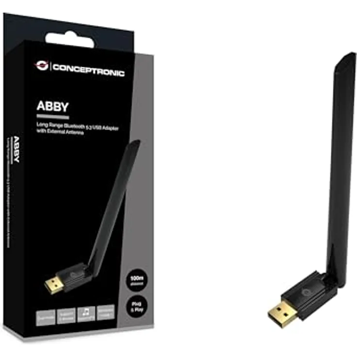 Conceptronic ABBY17B USB-Bluetooth 5.3-Adapter, externe Antenne, hohe Reichweite bis 100m, Schwarz