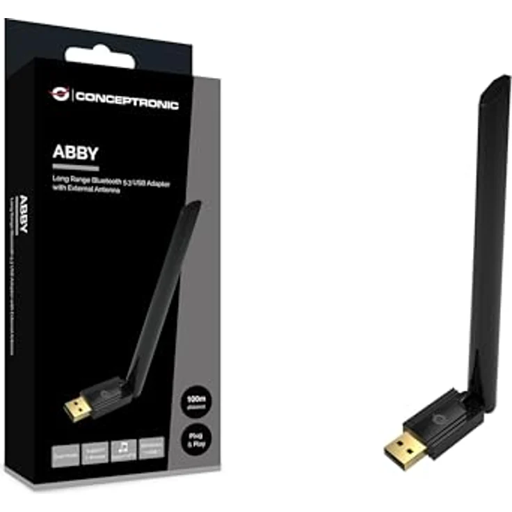 Conceptronic ABBY17B USB-Bluetooth 5.3-Adapter, externe Antenne, hohe Reichweite bis 100m, Schwarz – Bild 1