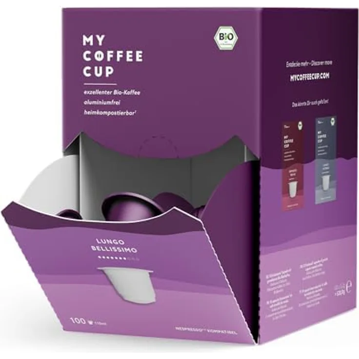 MY-COFFEE CUP LUNGO BELLISSIMO – BIO-KAFFEE Kaffeekapseln für Nespresso®³ Kapselmaschinen, 100% kompostierbar, 100 Kapseln