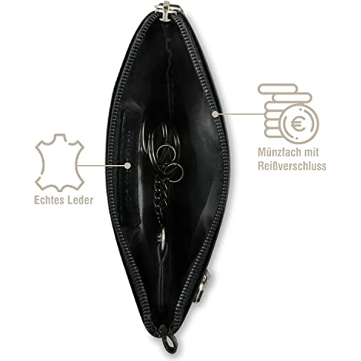 bugatti Schlüsseltasche Super Slim, aus echtem Leder, schwarz, mit 2 Schlüsselringen und Zipperfach – Bild 4