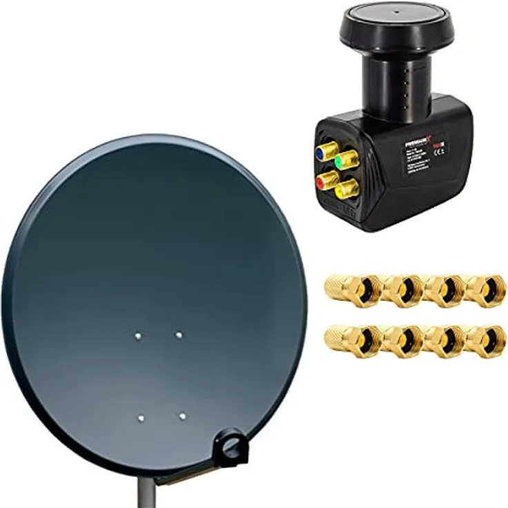 PREMIUM X 60cm Satellitenantenne Aluminium, Quad LNB mit 8x F-Stecker, anthrazit, HD-fähig, ideal für Wand- und Dachmontage